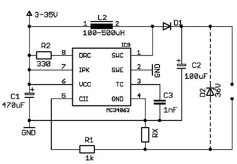 Schaltplan eines DC-DC-Wandlers mit MC34063