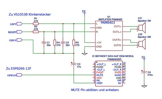 Schaltplan eines PAM8403 Audio-Verstärkers
