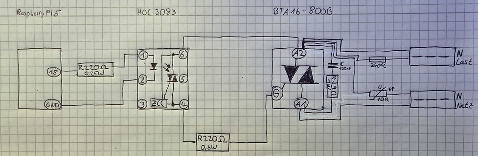 Handgezeichneter Schaltplan mit Optokoppler und Triac