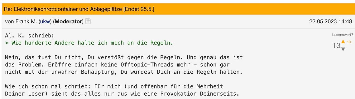 Ausschnitt eines Forenbeitrags über Forenregeln
