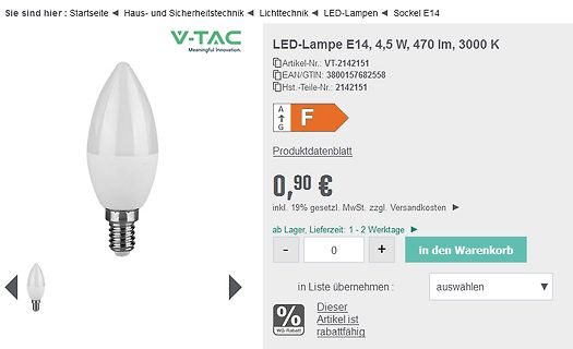 Produktseite einer LED-Lampe E14