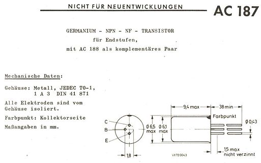 Datenblatt des Germanium-NPN-NF-Transistors AC 187
