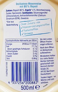 Rückseite einer Mayonnaise-Flasche mit Zutatenliste und Nährwerten