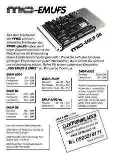 Werbeanzeige für MC-EMUFS Einplatinencomputer