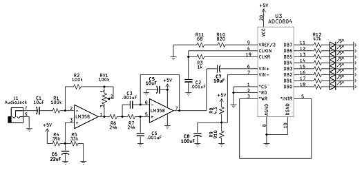 Schaltplan eines Audio-ADC-Wandlers mit LED-Anzeige