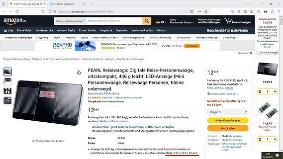 Amazon Produktseite einer digitalen Reise-Personenwaage