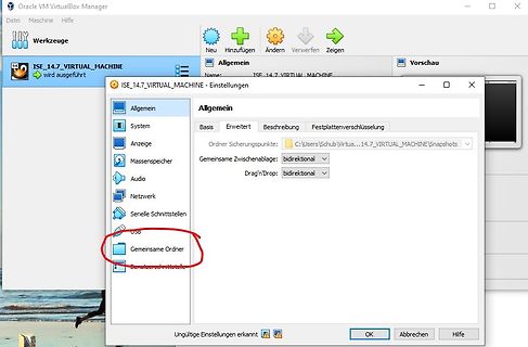Einstellungen der Oracle VM VirtualBox für eine virtuelle Maschine