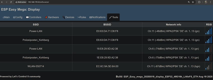 WLAN-Scanner Benutzeroberfläche ESP Easy Mega