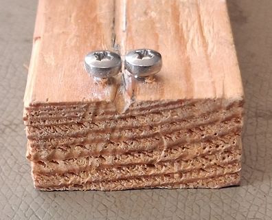 Zwei Schrauben auf einem Holzstück