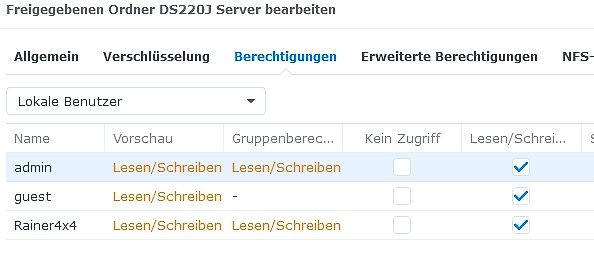 Benutzerberechtigungen eines DS220J Servers