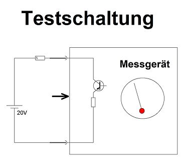 Schaltplan einer Testschaltung mit Transistor und Messgerät