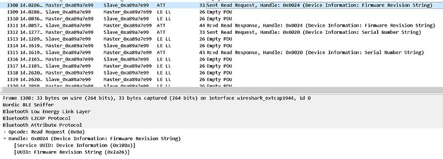 Wireshark-Screenshot eines Bluetooth Low Energy Protokoll-Sniffings