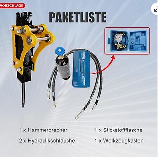 Paketliste mit Hammerbrecher, Stickstoffflasche und Hydraulikschläuchen