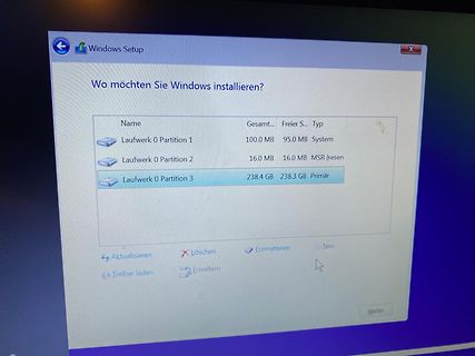 Windows Setup Festplattenpartitionen Auswahlmenü