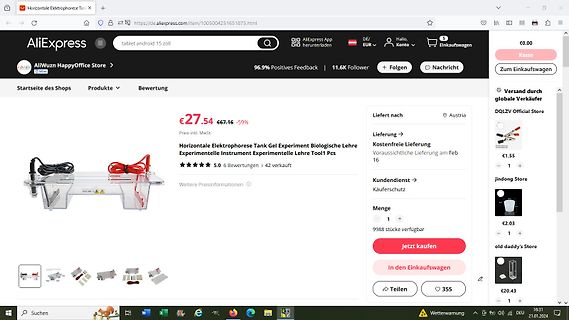 AliExpress Produktseite für Elektrophorese Tank