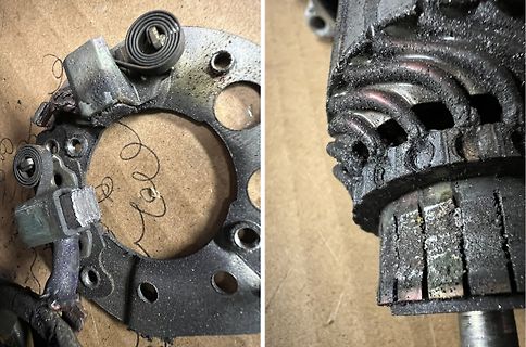 Beschädigte Kohlebürsten und Kommutator eines Elektromotors
