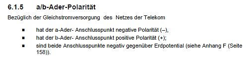 Textausschnitt zur a/b-Ader-Polarität der Telekom