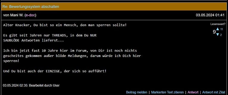 Screenshot eines Forenbeitrags mit einer Beschwerde
