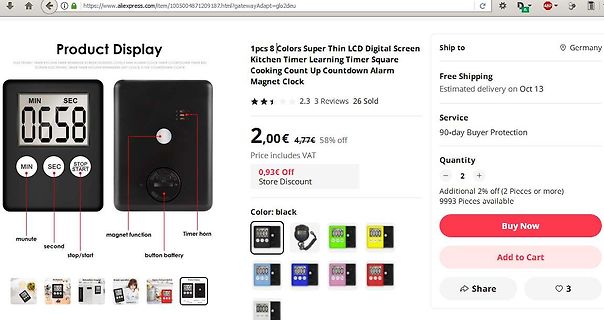 AliExpress Produktseite eines digitalen Küchentimers