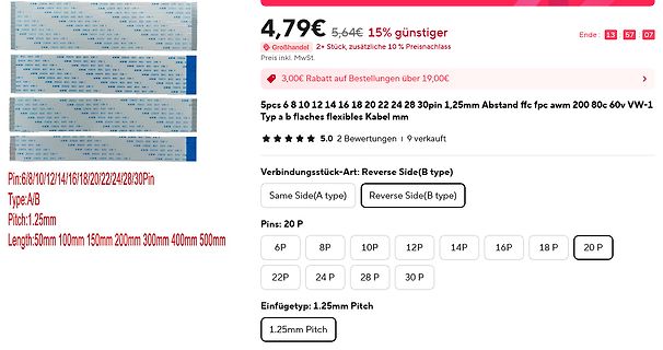 Screenshot eines Online-Shops für FFC-Flachbandkabel