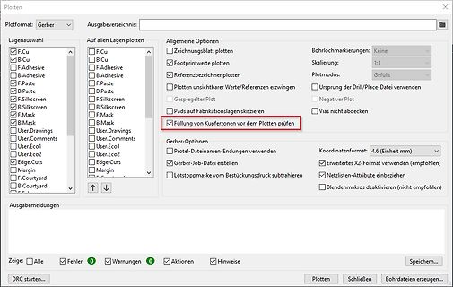Einstellungen im Plot-Dialog einer PCB-Software