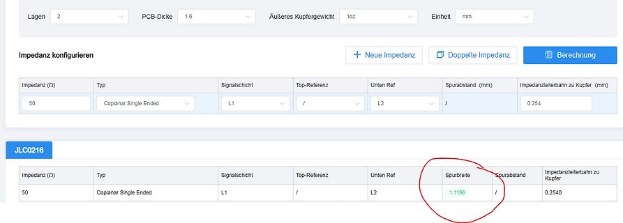 Screenshot eines Impedanz-Rechners für Leiterplatten