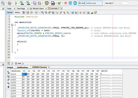 Software-Screenshot von MPLAB X IDE und EEPROM-Speicheransicht