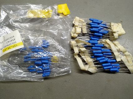 Blaue Elektrolytkondensatoren in Plastikbeutel und auf Papierstreifen