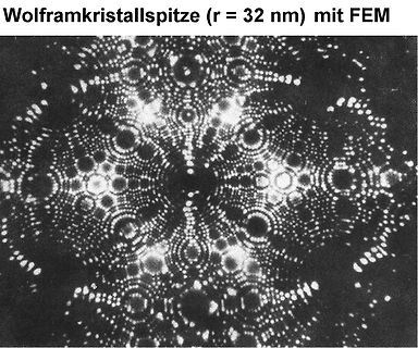 Elektronenmikroskopische Aufnahme einer Wolframkristallspitze
