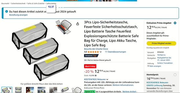 Amazon-Produktseite für Lipo-Sicherheitstaschen