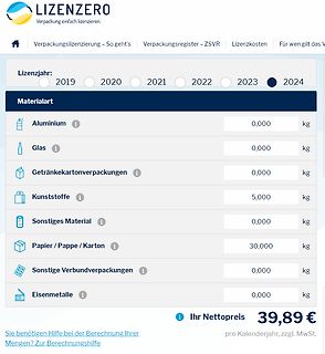 Webseite zur Berechnung von Lizenzkosten für Verpackungen