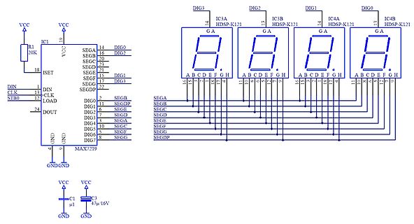 Schaltplan mit MAX7219 und 7-Segment-Anzeigen