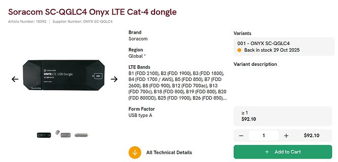 Webshop-Produktseite Soracom LTE Dongle