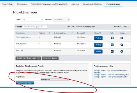 Screenshot einer Projektmanagement-Webseite