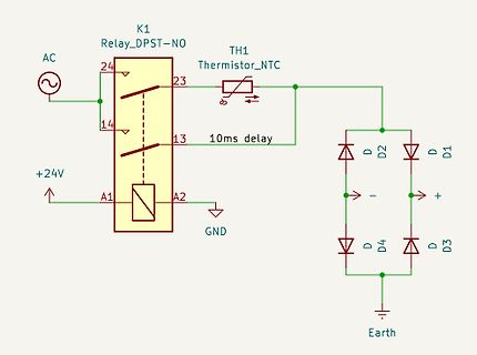 Schaltplan eines Gleichrichters mit Relais und Thermistor
