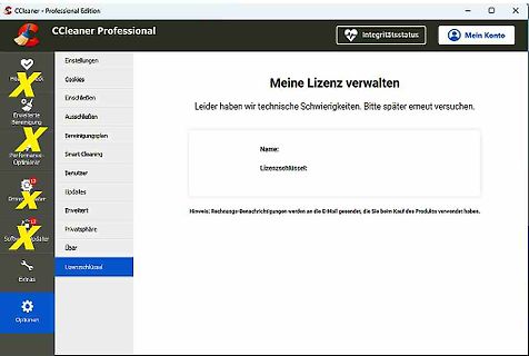 CCleaner Professional Lizenzverwaltung Fehlermeldung