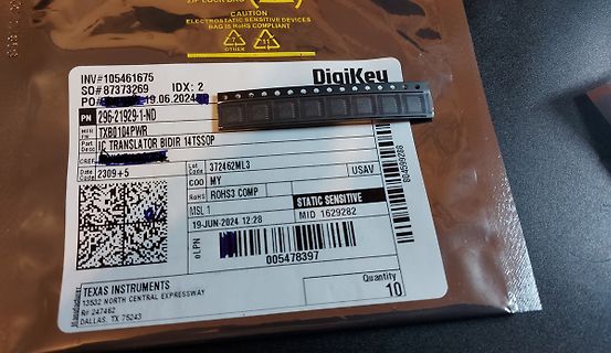 Etikett einer DigiKey-Lieferung mit Texas Instruments Bauteil