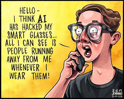 Comic von Mann mit Smart Glasses und Telefon