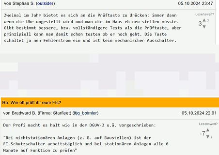 Screenshot eines Forenbeitrags über FI-Schutzschalter
