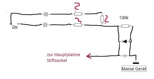 Handgezeichneter Schaltplan eines Netzteils mit Fragen
