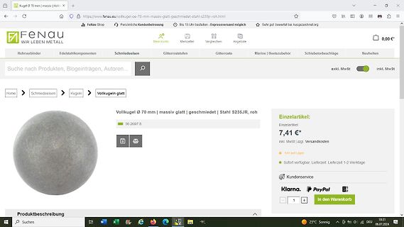 Screenshot eines Onlineshops für Metallprodukte