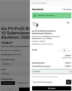 Warenkorb eines Online-Shops für Alu-Profile