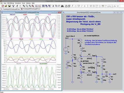 LTspice Simulation eines Oszillators mit Wellenformen und Schaltplan