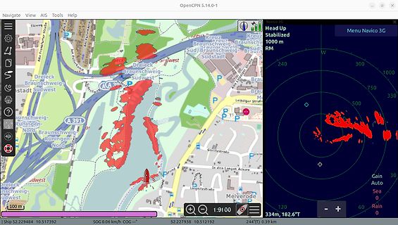 OpenCPN Navigationssoftware mit Radar- und Kartenansicht