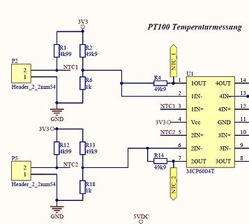 Schaltplan einer PT100 Temperaturmessung mit MCP6004T