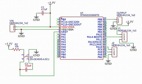 Schaltplan eines STM32G030K8T6 Mikrocontrollers