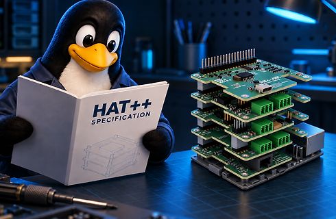 Pinguin liest HAT++ Spezifikation neben gestapelten Leiterplatten