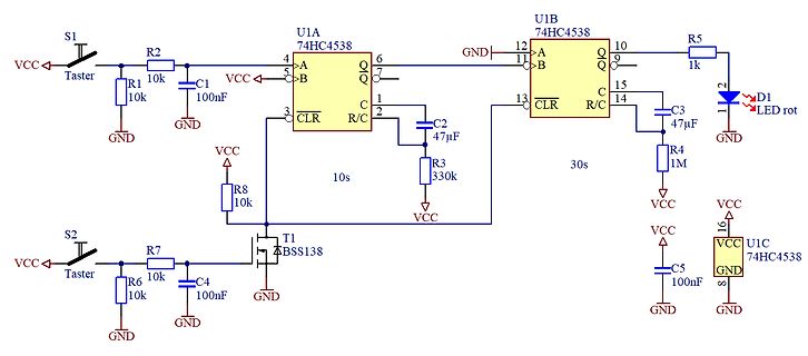 Schaltplan mit Monostabile Multivibratoren 74HC4538