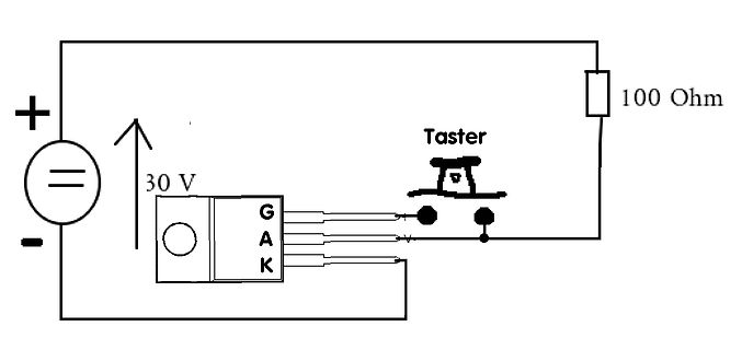 Schaltplan mit Spannungsquelle, Widerstand, Taster und MOSFET