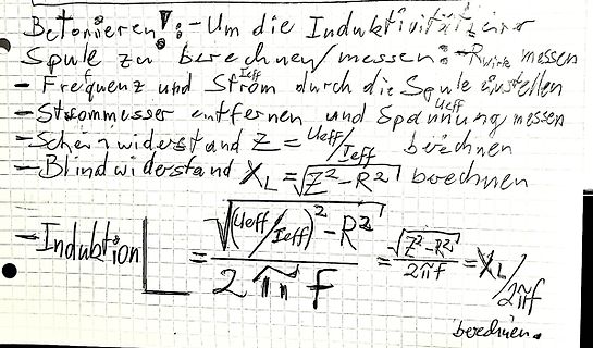 Handschriftliche Notizen zur Berechnung der Induktivität einer Spule